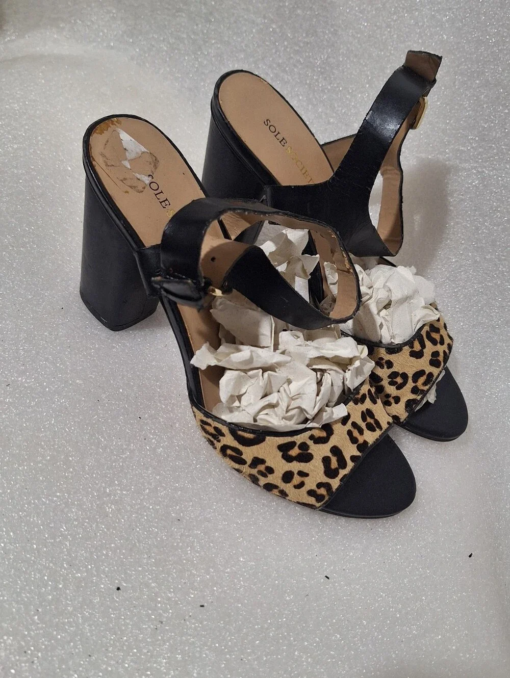 Leopard Print and Black Block Heel Sandals - Women